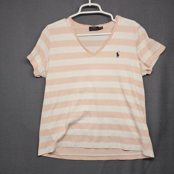 Polo Ralph Lauren Top Women XL Pink Stripe Short Sleeve V Neck Casual Preppy - Picture 2 of 10